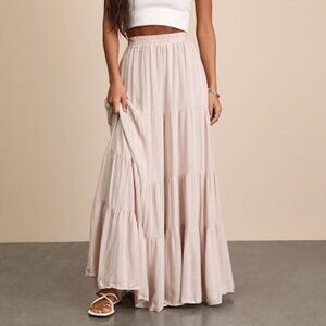 Lulus Sunset By The Sea Light Beige Embroidered Tiered Maxi Skirt - Size S